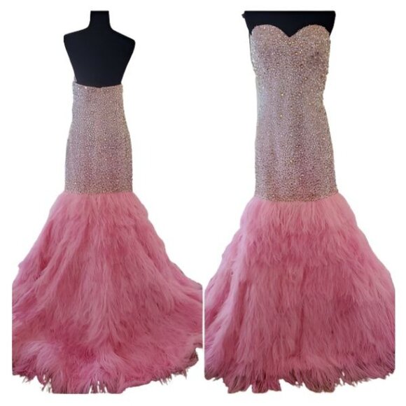 Evening Wedding Cocktail Runway Beaded Crystals Ostrich Feathers Couture Dress - Picture 9 of 16